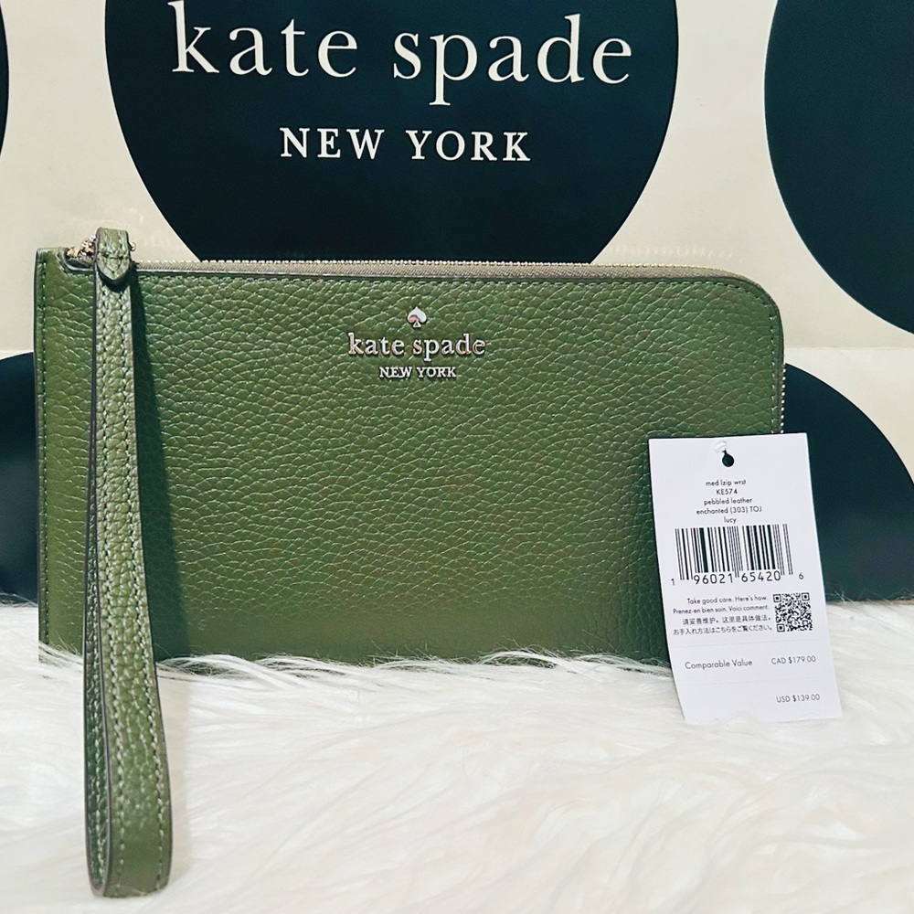 Kate Spade Olive Green Pebbled Leather Wristlet Clutch